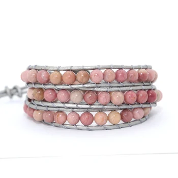 2019 розовые браслеты с натуральными камнями из 3 нитей ручной работы в стиле бохо, женский кожаный браслет, прямая поставка