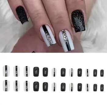 24шт Длинные квадратные накладные ногти, французские черно-белые блестящие съемные наконечники для ногтей с полным покрытием
