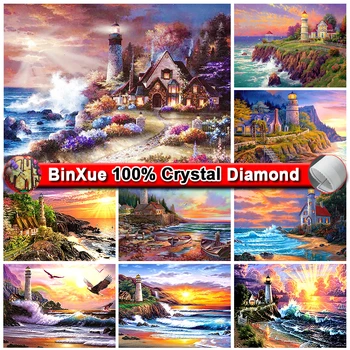 BinXue 5D DIY Пейзаж Приморский Маяк, 100% Полная картина из кристаллов и бриллиантов, Коттеджный закат, Вышитый Орел, Мозаика ручной работы