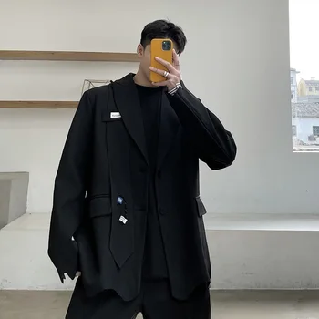 Весенний корейский стиль 2024, индивидуальный дизайнерский костюм с заусенцами, мужской повседневный свободный черный дикий костюм для мужчин M-XL