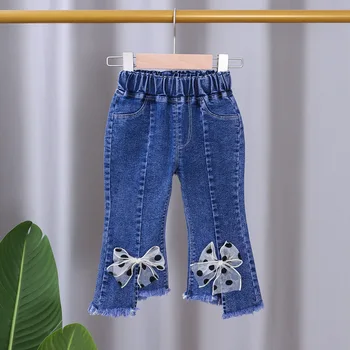 Джинсовые брюки для девочек, джинсовые брюки принцессы, детские джинсы с эластичной резинкой на талии с вышивкой, детские длинные брюки для девочки 1, 2, 3, 4, 5 лет