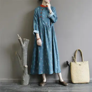 Женское льняное свободное платье-халат с принтом, женские винтажные платья из льна в стиле пэчворк в стиле ретро, женское платье с воротником-стойкой на осень-весну 2022 года