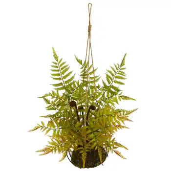 Искусственное растение папоротник в металлической подвесной корзине, зеленый