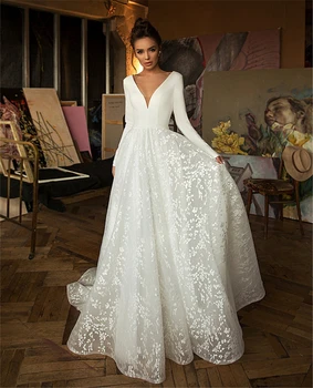 Кружевные атласные свадебные платья трапециевидной формы для женщин 2023, платье невесты с V-образным вырезом и длинным рукавом, белое свадебное платье, свадебное платье Невесты
