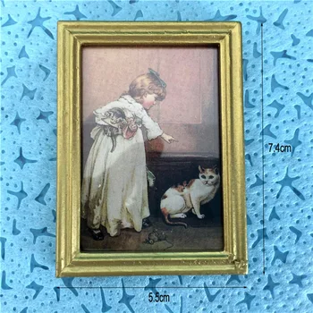 Кукольный домик в миниатюре 1:12, художественная картина на стену в рамке, девушка и кошка, настенная живопись маслом, аксессуары для домашнего декора