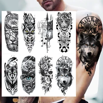 Маленькая водонепроницаемая временная татуировка на всю руку, Голова Волка, Голова Тигра, Цветочная татуировка, боди-арт, наклейка на руку для мужчин и женщин