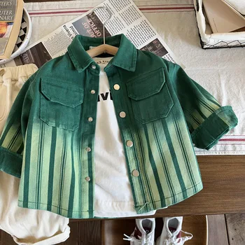 Модная джинсовая куртка в зеленую градиентную полоску с отворотом, Рубашка с длинным рукавом для мальчиков и девочек, Верхняя одежда, Весна-осень, Свободные повседневные топы