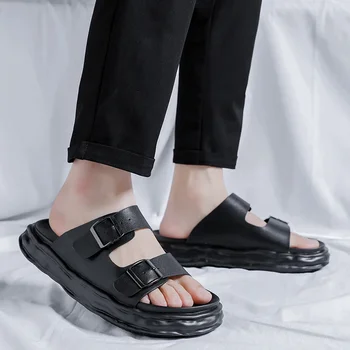 Новая роскошная брендовая летняя кожаная пляжная обувь на толстой подошве, Кожаные тапочки на платформе, дизайнерская обувь для мужчин, шлепанцы на двойных пуговицах