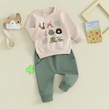 Осенний комплект одежды для маленьких мальчиков из 2 предметов, толстовка с буквенным принтом клевера для новорожденных + брюки, спортивный костюм для маленьких мальчиков, весенняя одежда для малышей, наряд