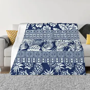Полинезийско-гавайский племенной синий плед с гибискусом, плед для дивана, тепловые одеяла для путешествий
