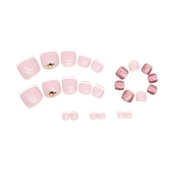 Розовые накладные ногти на ногах с белым декором по краям с безвредными ногтями с гладкими краями для профессионального салона нейл-арта