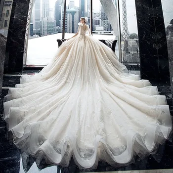 Свадебные платья с V-образным вырезом и бантом на бретелях, на шнуровке сзади, блестящее бальное платье из бисера и хрусталя со сверхдлинным шлейфом для часовни